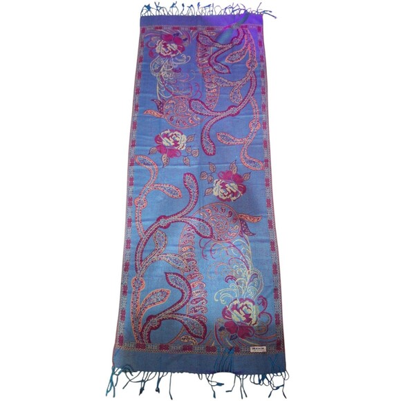 Pashmina Scarf Wrap Shawl Long Paisley Print Pink Blue Fringe Winter Casual - Picture 2 of 6